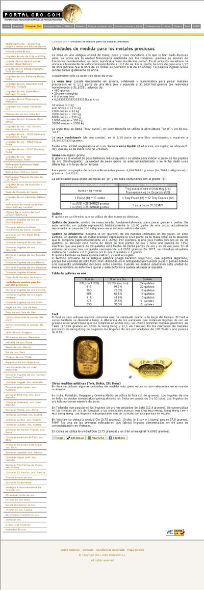 Portal Oro.Com Unidades de Medida para los Metales Preciosos Units of Measurement for Precious Metals Page